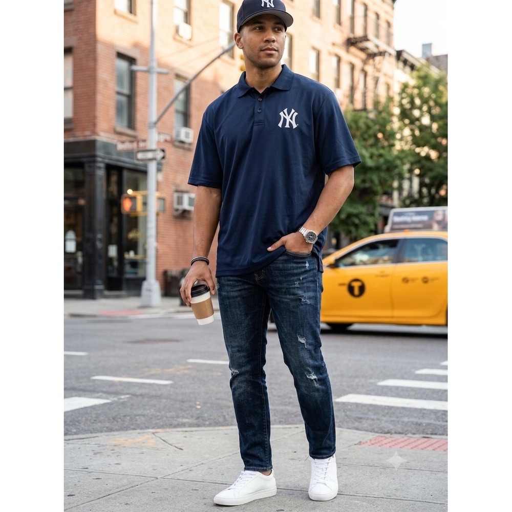 MLB New York Yankees Mens Navy Blue Pique Polo Shirt XLT